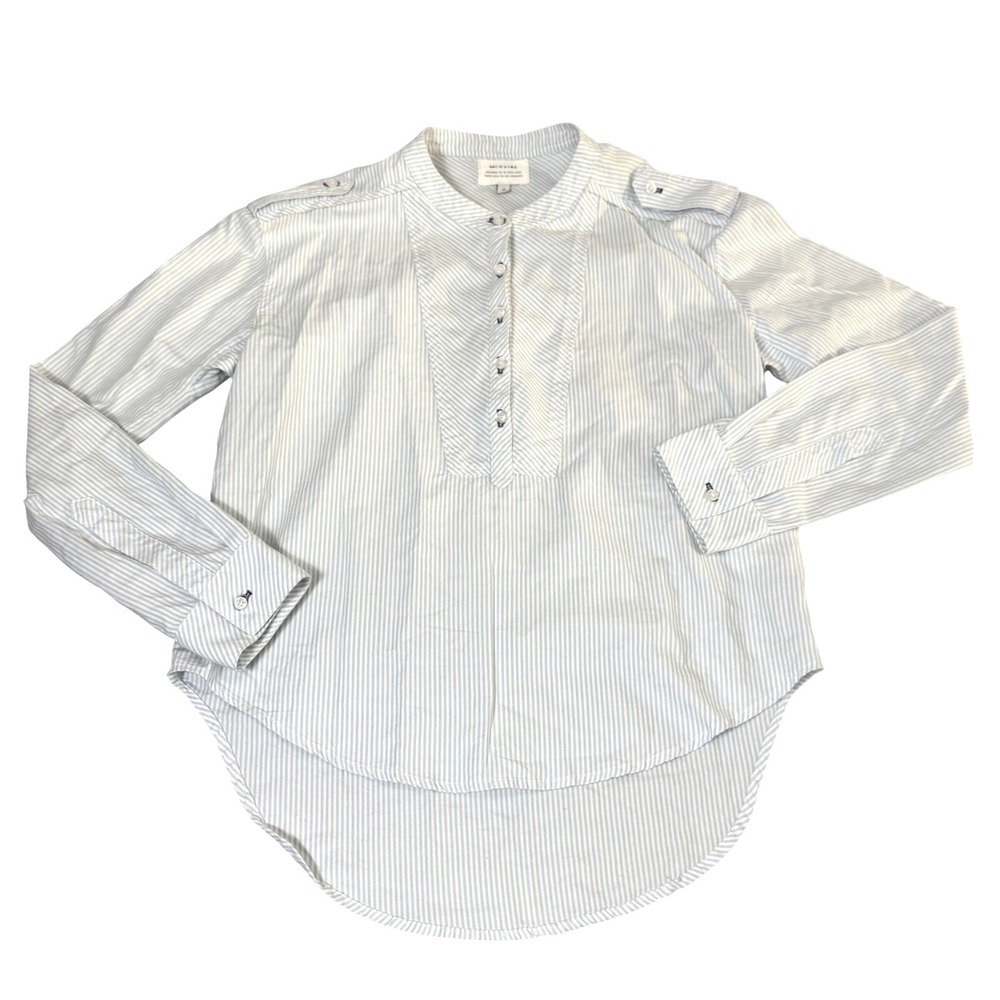 McGuire Button Down Top Small Pinstripe Tuxedo Bib Epaulette Coastal Blue White